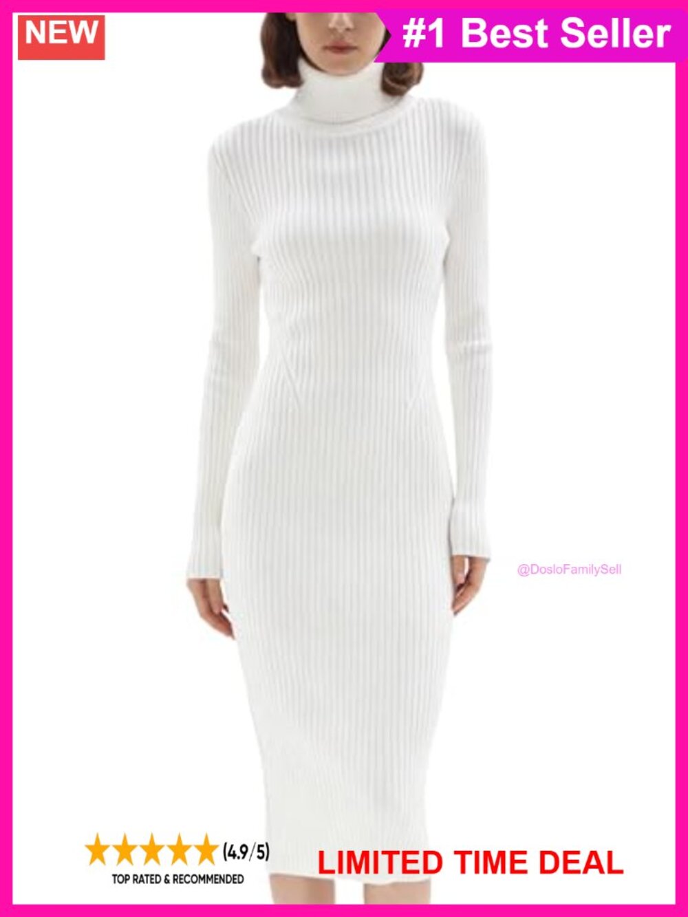 Turtleneck Ribbed Knit Slim Fit Midi Sweater Dress